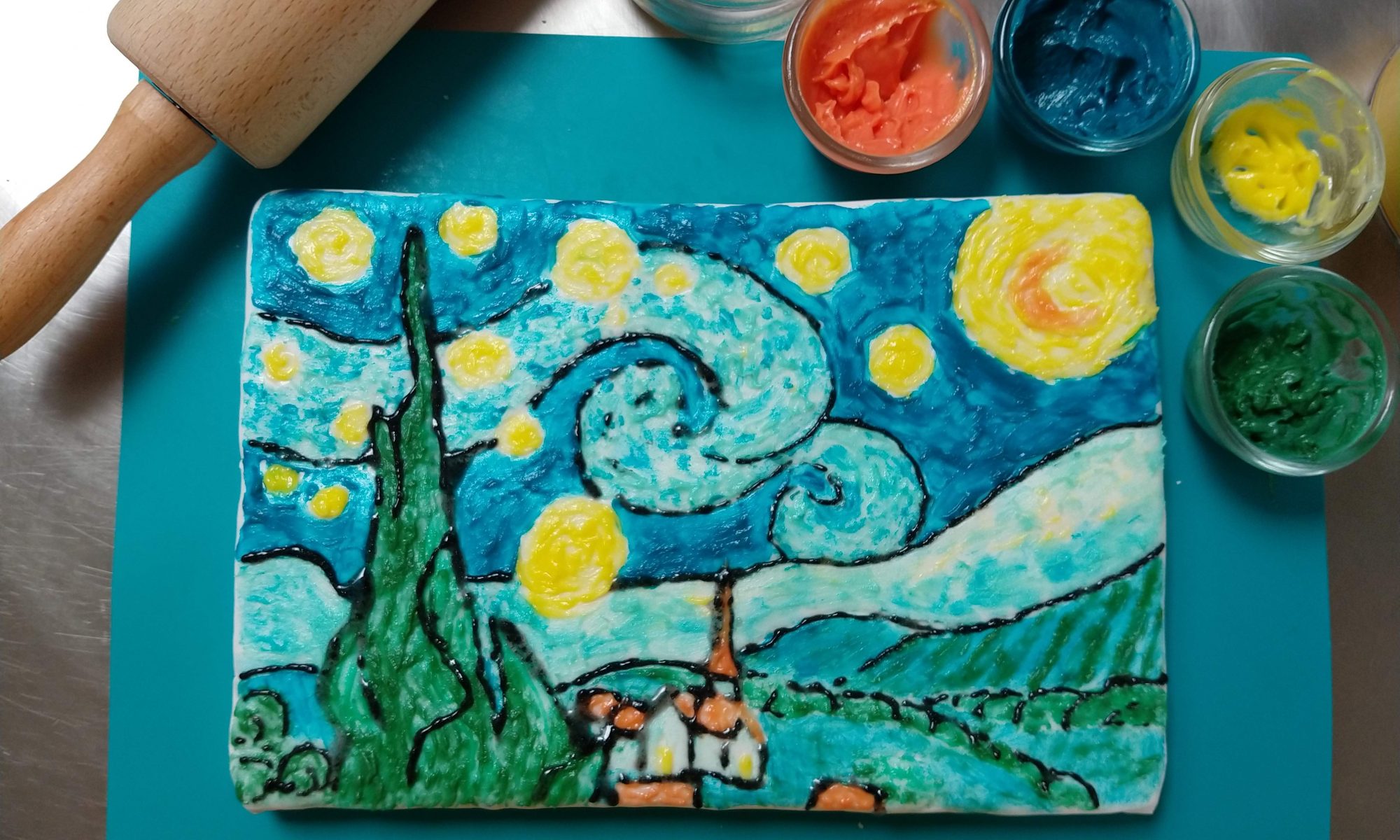 taart schilderen, van Gogh, Vincent van Gogh, Atelier Anders, groeps uitje, familieworkshop